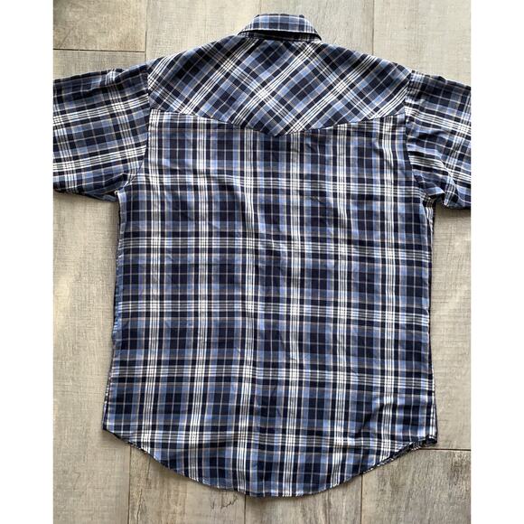 Plains Western Wear Mens Shirt Medium Black Blue Plaid Pearl Snap Cowboy Rancher - Picture 4 of 4